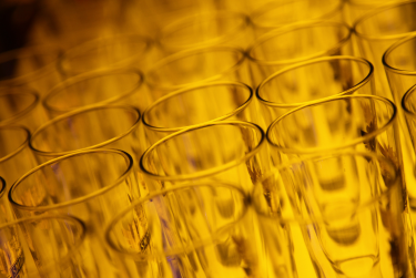 A row of glass with an amber coating.