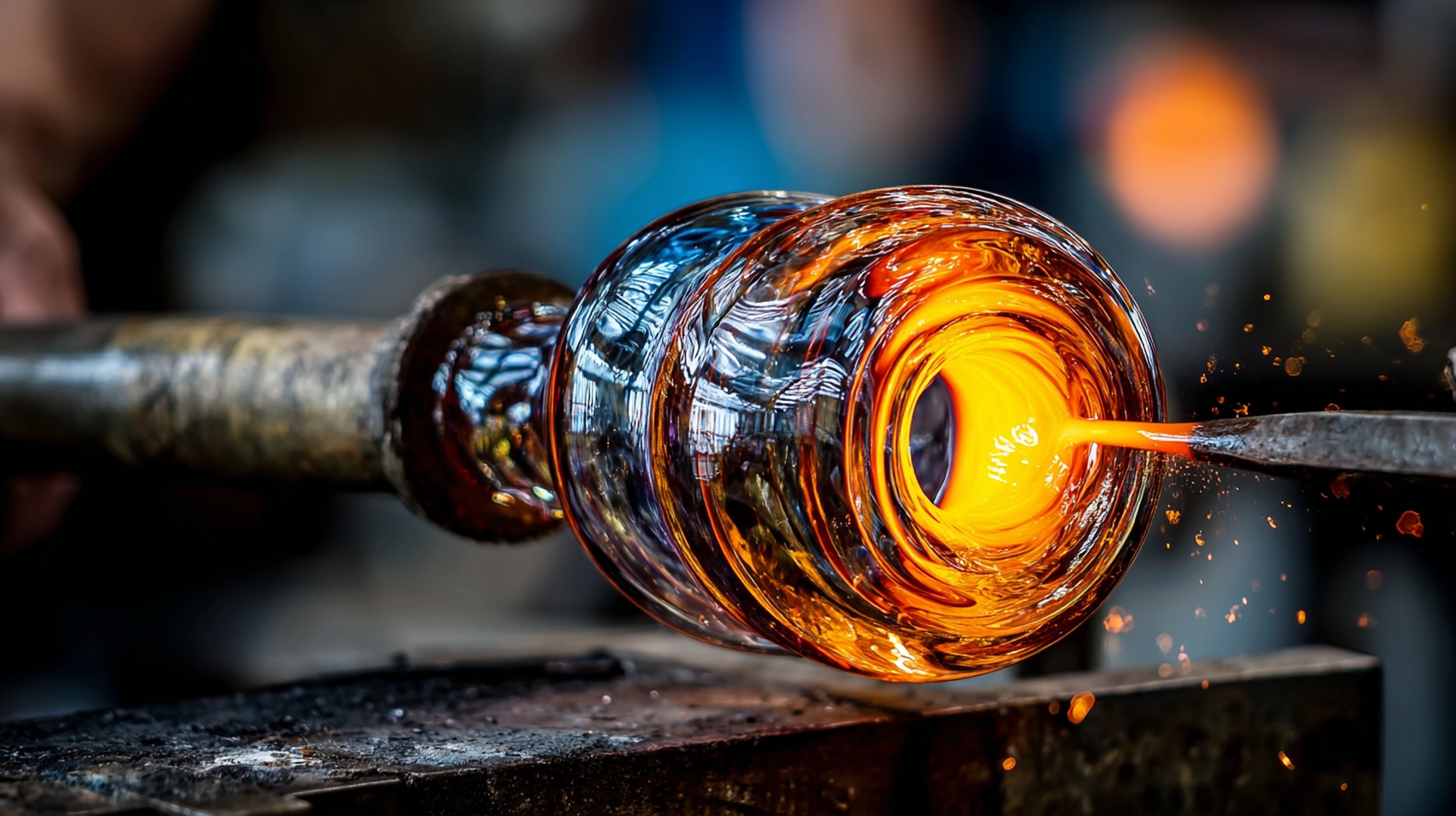 Molten glass being shaped by artist under intense heat.