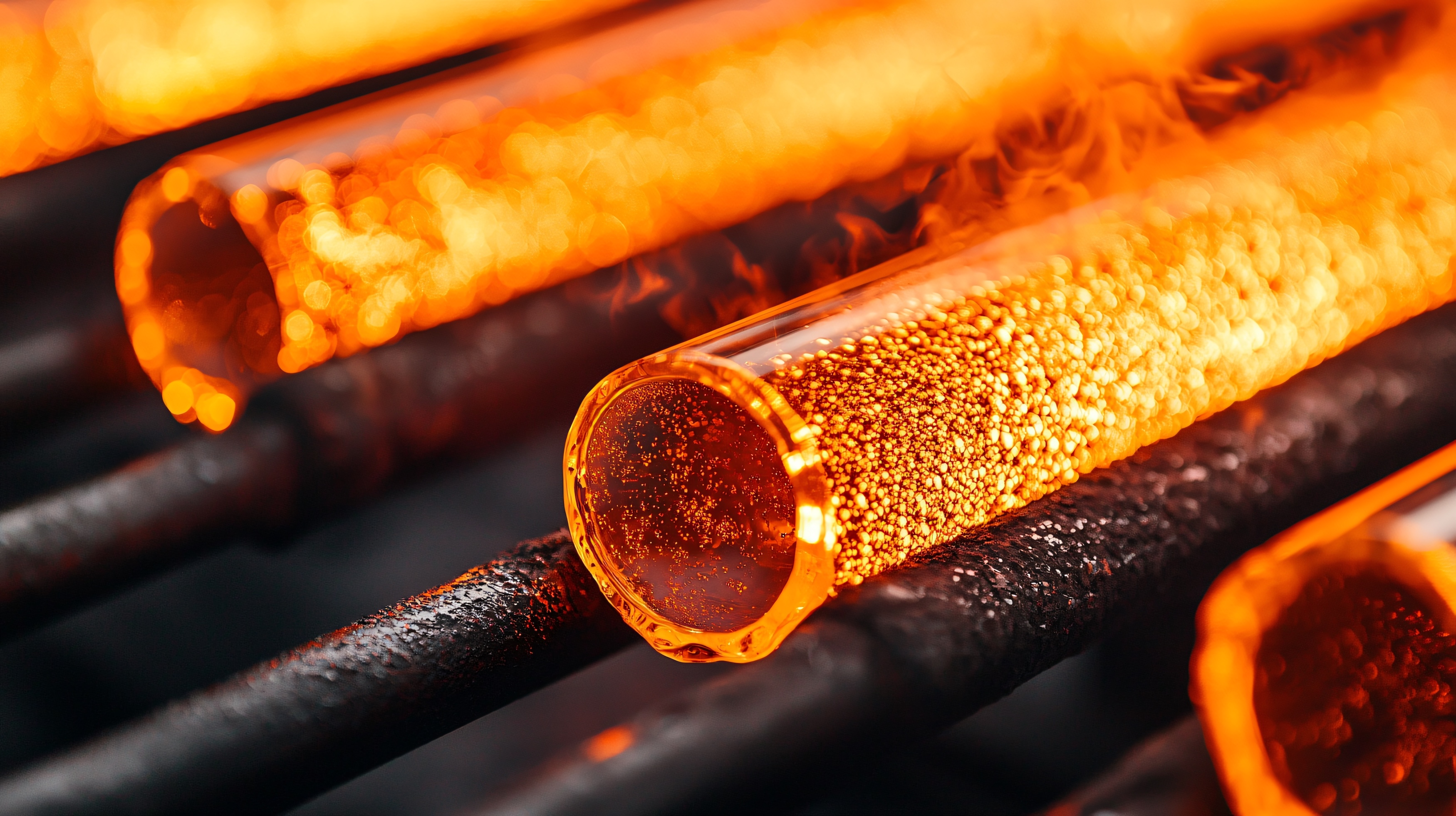 Tubes of glass heated to melting.