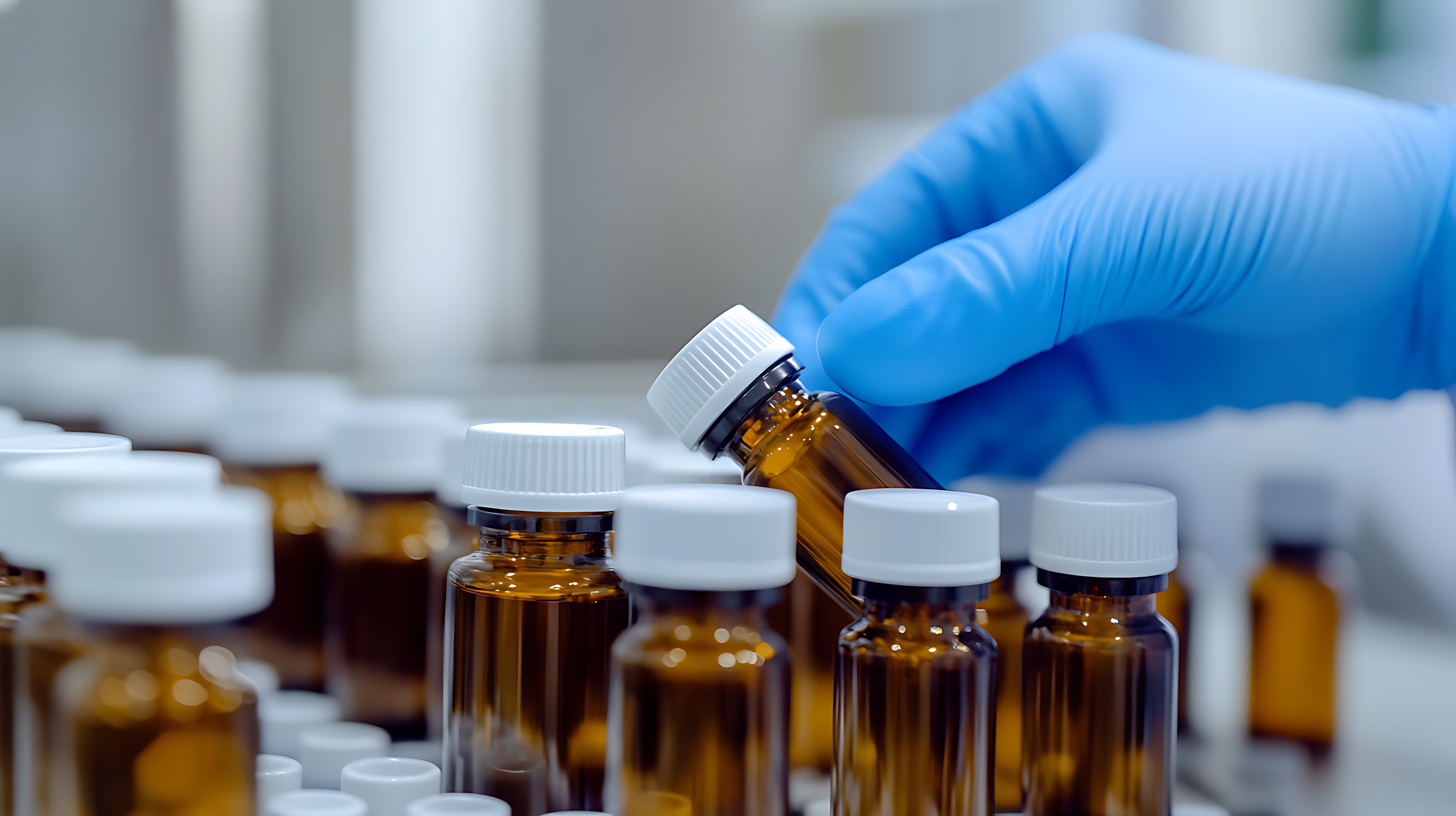 A row of amber vials with white caps.