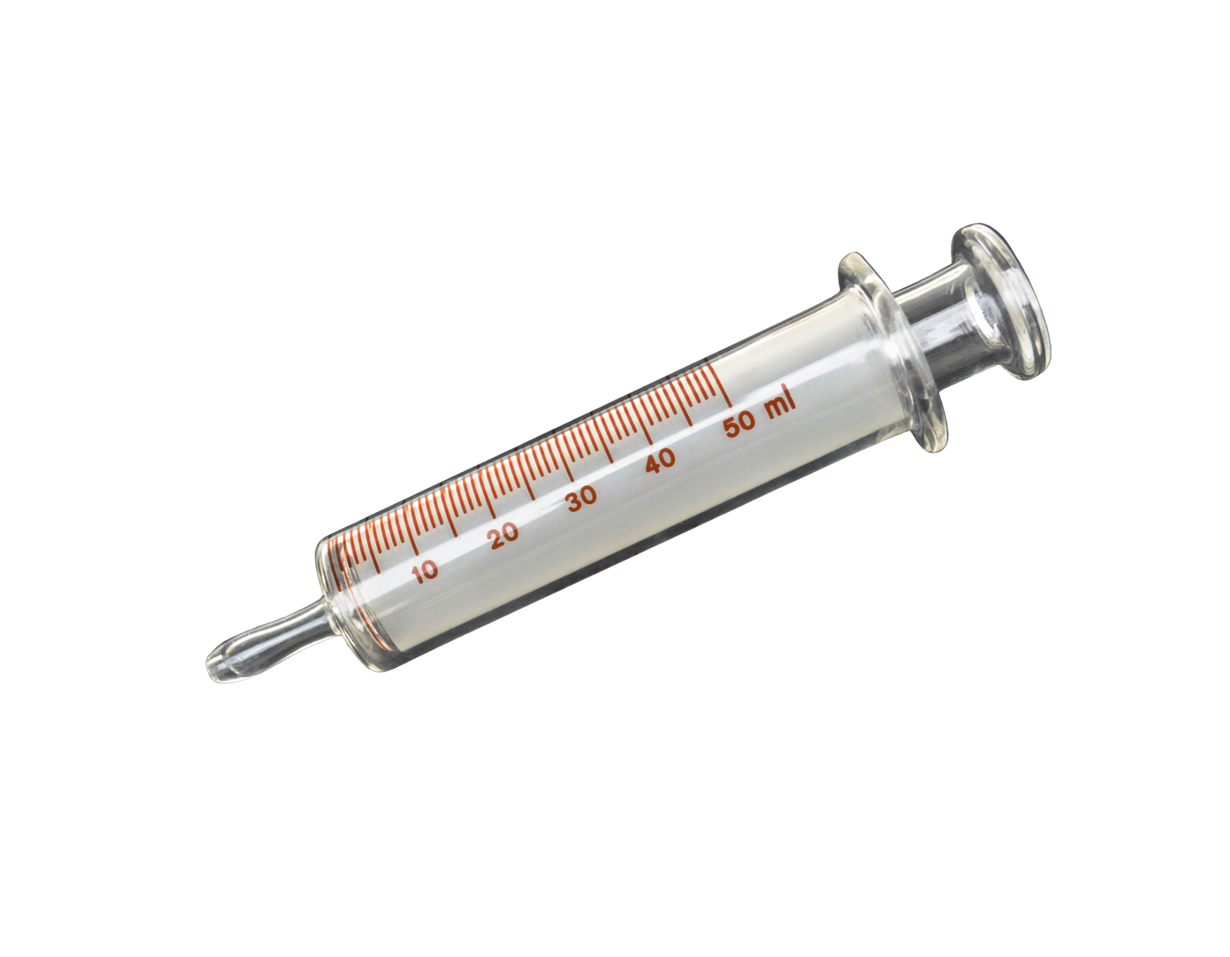 A glass syringe barrel with red graduation markings.