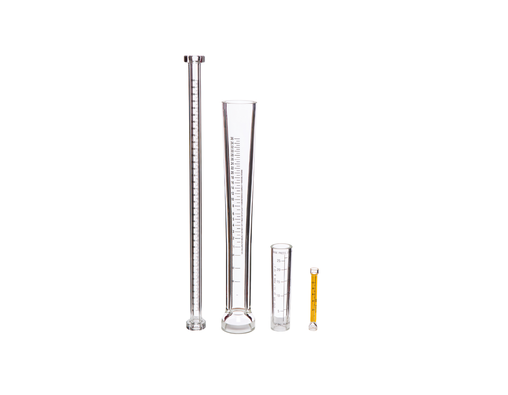 Flowmeter tubes of different heights.
